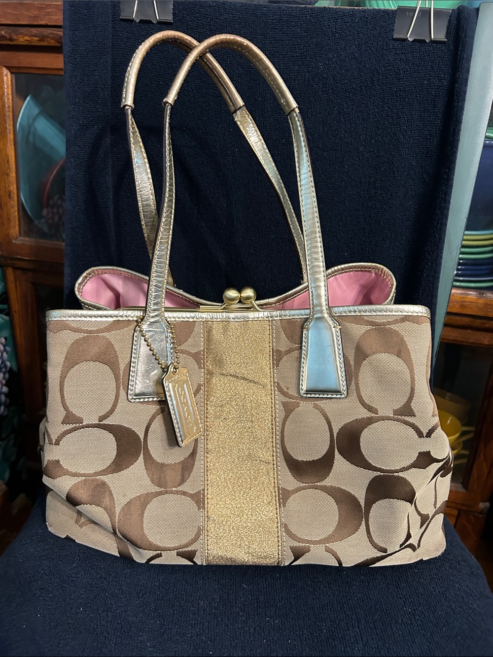 Coach Signature Monogram Canvas Tote w Gold Metallic Trim, Leather Straps